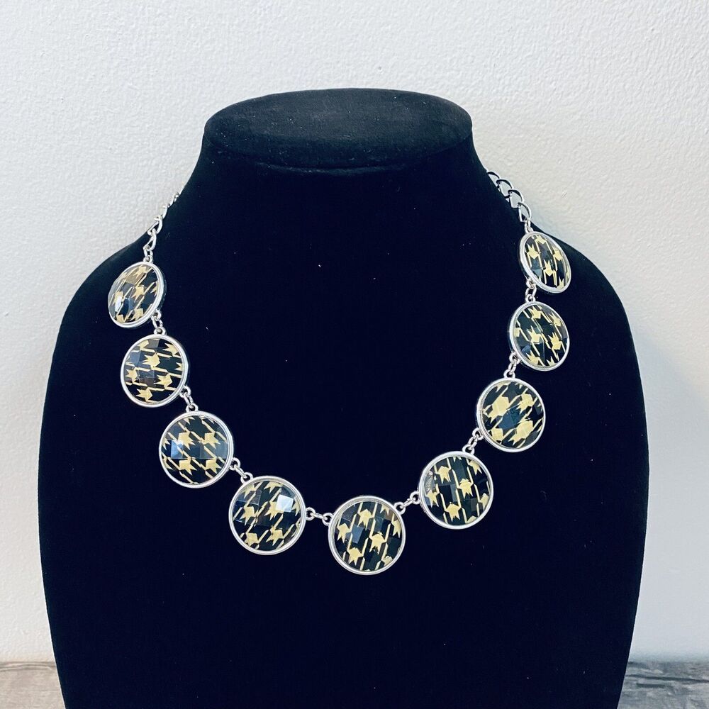Vintage Round NY Signed Round Black And Gold Retro Necklace Jewelry 18”